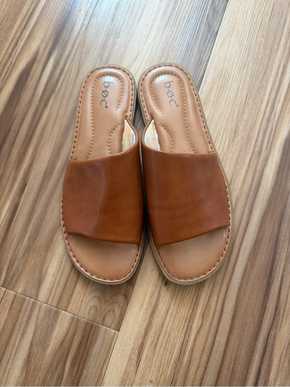 b.o.c. Women's Cognac Slide Sandals - Wide Leather Strap